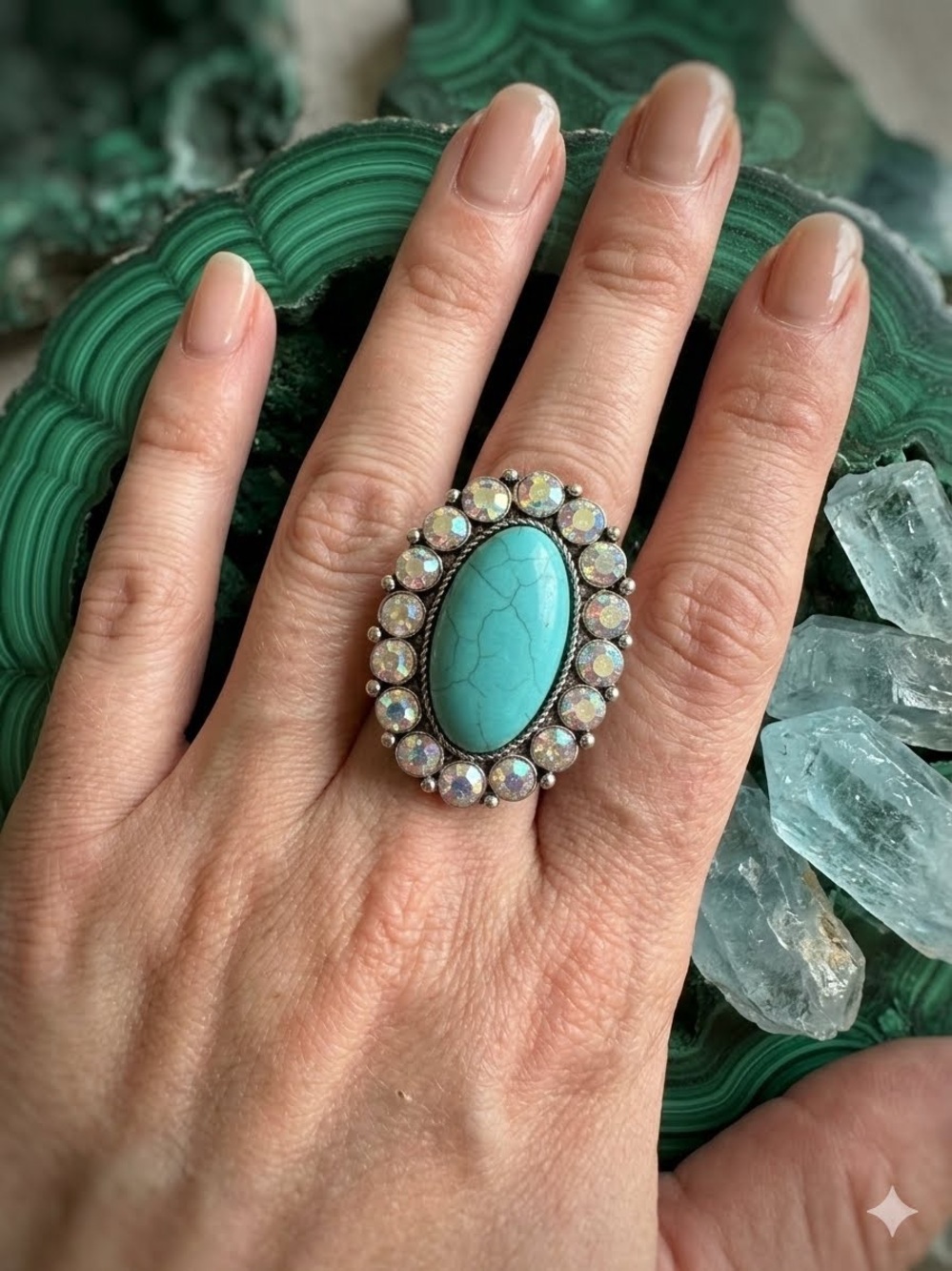 Tipi Turquoise Oval Statement Ring w/ AB Crystal Halo